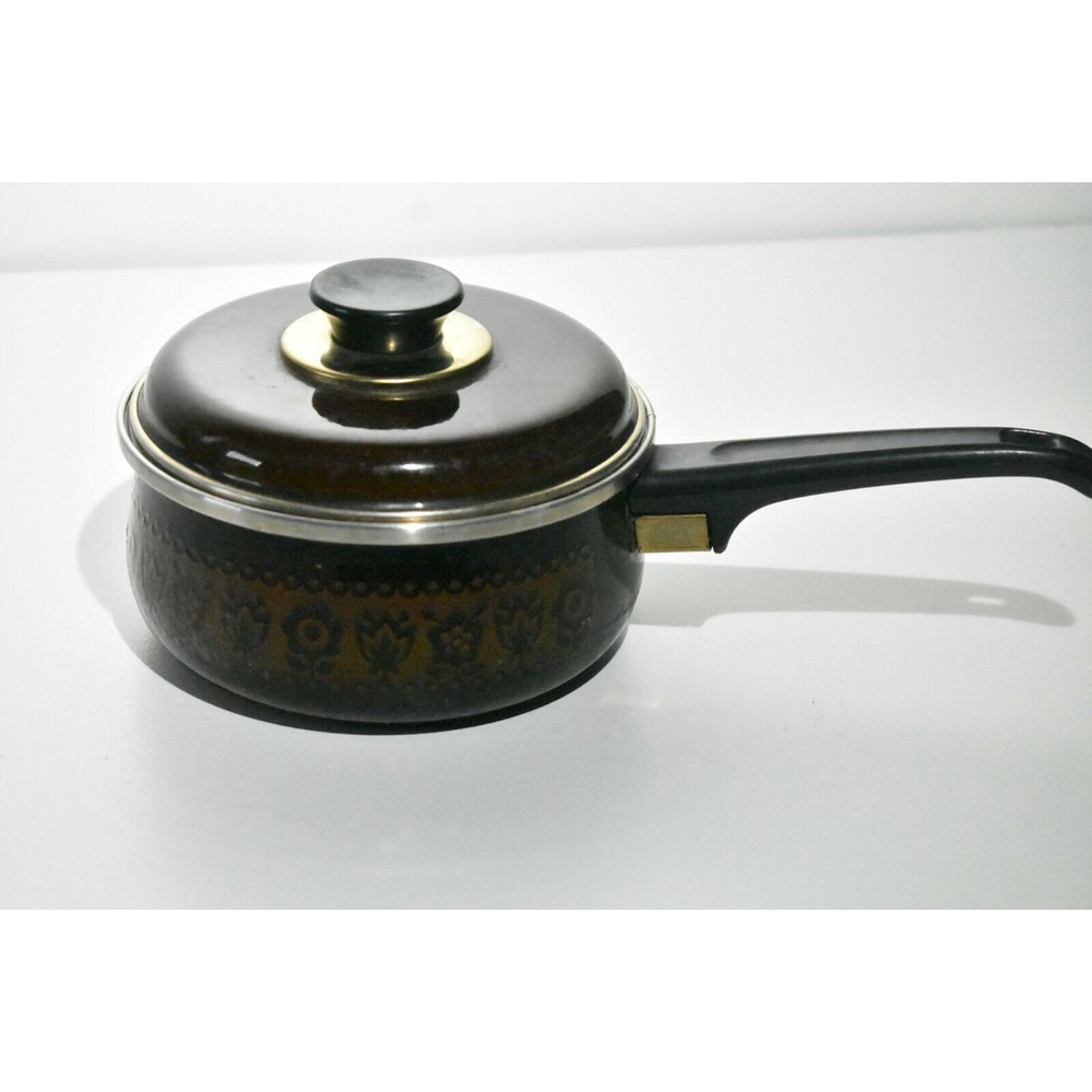 Small 6-inch '70s Vintage Enameled Sauce Pan With Lid Brown Flower Pattern Cute